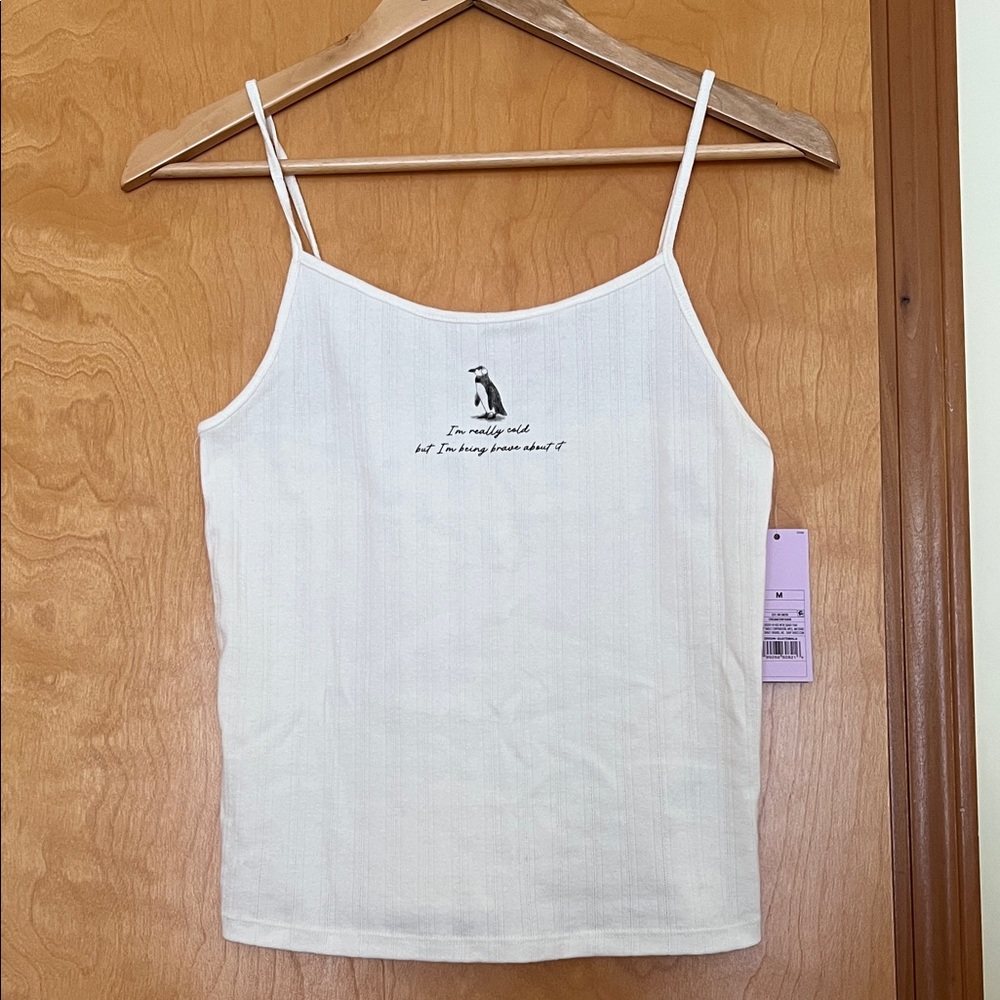 NWT Wild Fable Pointelle Graphic Camisole Tank Top Cream Penguin Size M
